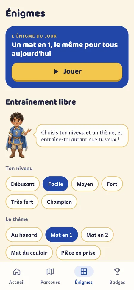 Application Le monde de Faris — L’énigme du jour et l’entraînement libre