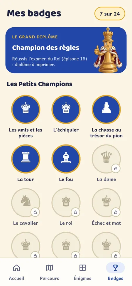 Application Le monde de Faris — Des badges pour chaque réussite