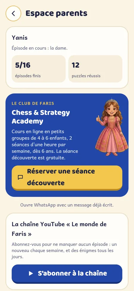 Application Le monde de Faris — L’espace parents : le suivi de l’enfant et le club