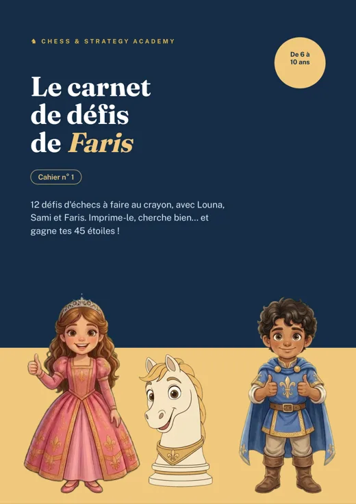 Couverture du Le carnet de défis de Faris n° 1 : Louna, Sami et Faris, exercices d'échecs pour enfants