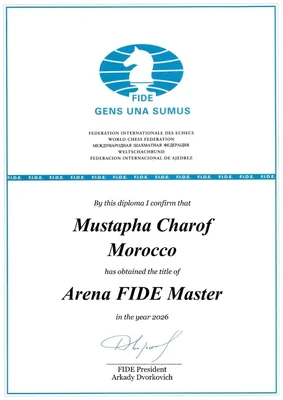 Diplôme FIDE Arena FIDE Master de Mustapha Charof, 2026